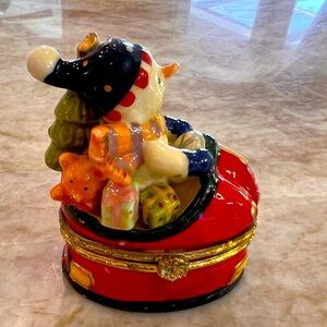 Trinket box  snowman, driving red car and presents and Christmas tree with him